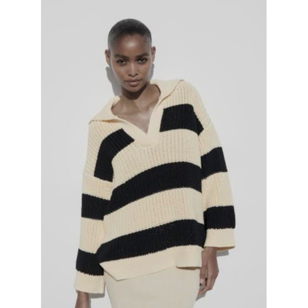 Zara Striped Collared Sweater Oversized chunky-knit  Size S